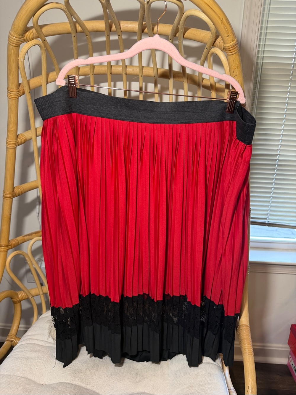 Lane Bryant Midi Skirt Size 26/28 Red & Black Micro Pleated Lace Elastic Waist